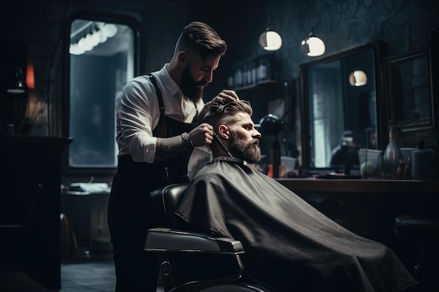 Man getting a haircut in a barbershop Photo young bearded man sitting and getting haircut in barber