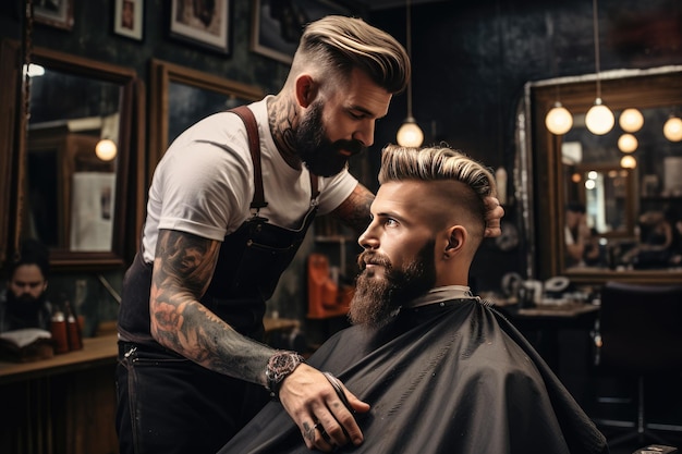 Man getting a haircut in a barbershop Photo young bearded man sitting and getting haircut in barber