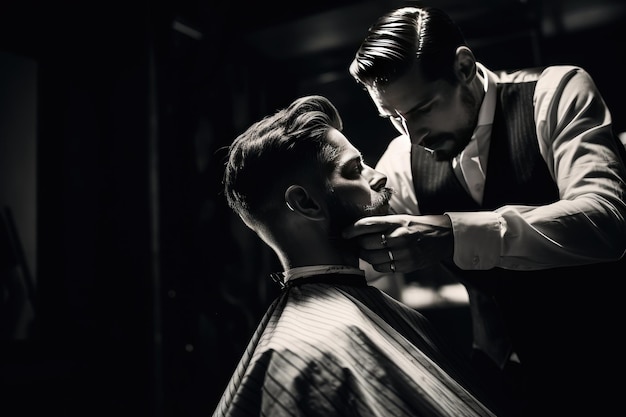 Man getting a haircut in a barbershop Photo young bearded man sitting and getting haircut in barber