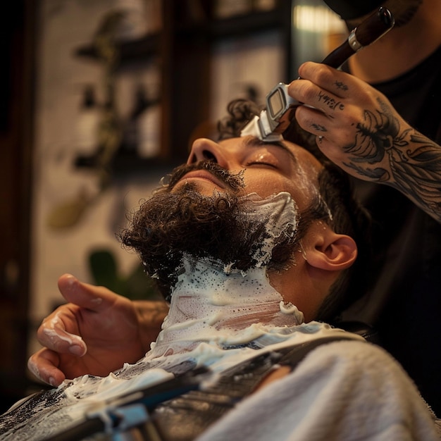 a man getting his beard trimmed with a razor