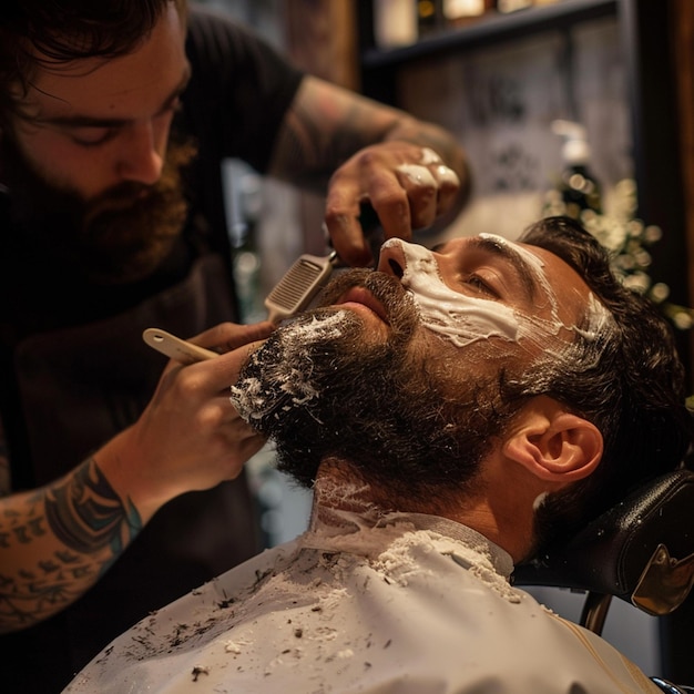 a man getting his beard trimmed with a razor