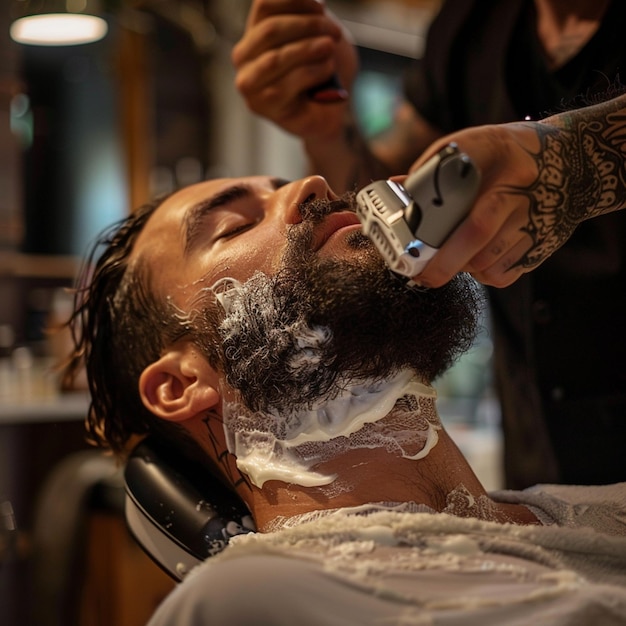 a man getting his beard trimmed with a razor