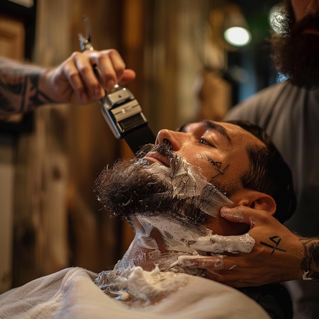 a man getting his beard trimmed with a razor