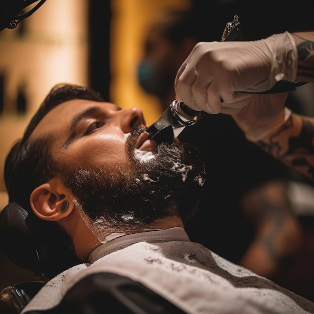 a man getting his beard trimmed with a razor