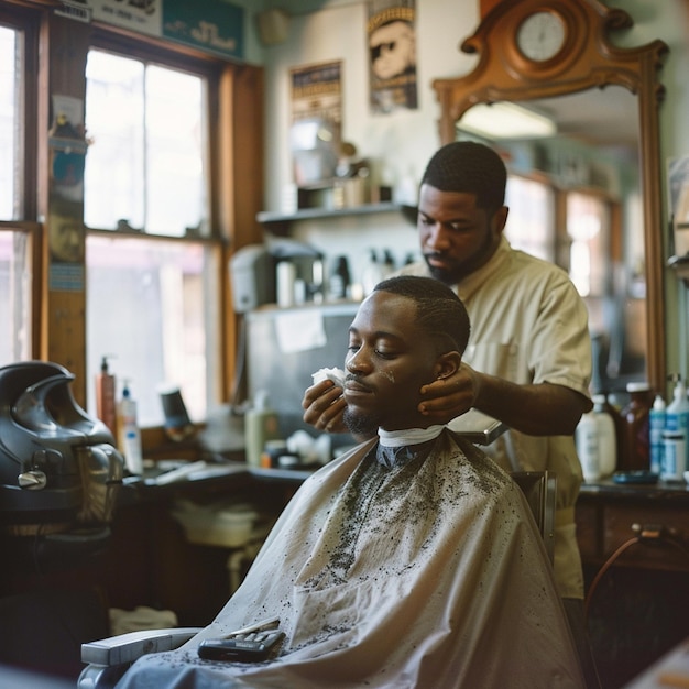 Photo a man getting his hair cut by a barber