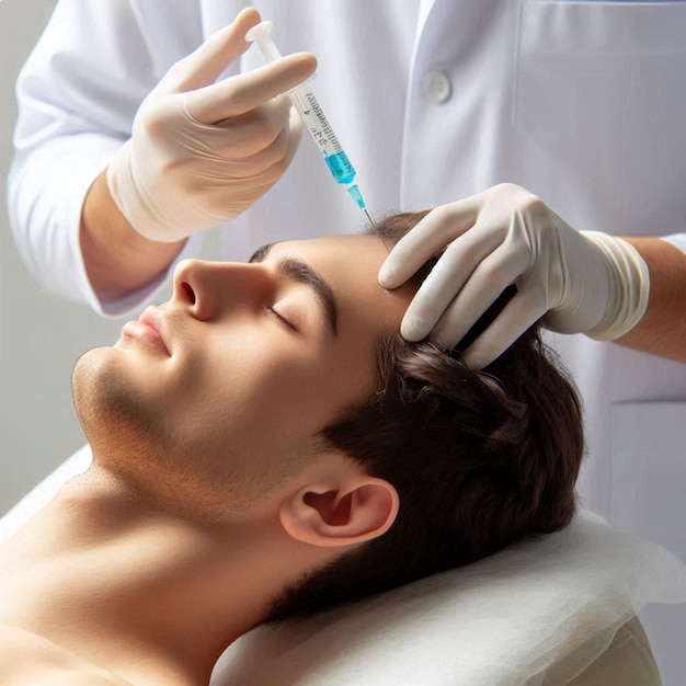 Photo a man getting a massage with a syringe on his head