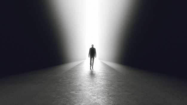 Man getting out from the darkness opening door or passage. 3d rendering.