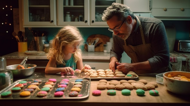 A man and a girl are baking cookies in a kitchen.