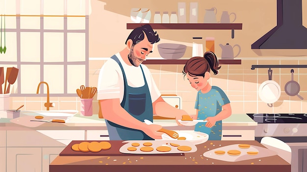 a man and a girl are cooking in a kitchen