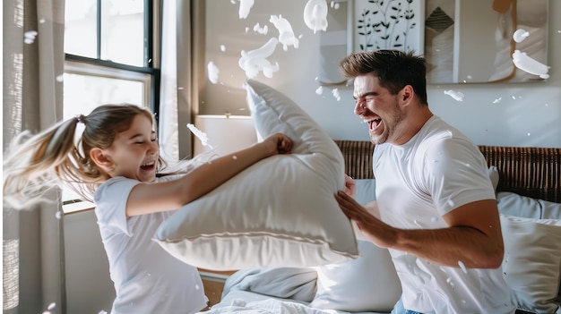 Photo a man and a girl are fighting in a hotel room with a pillow that says quot duvet quot