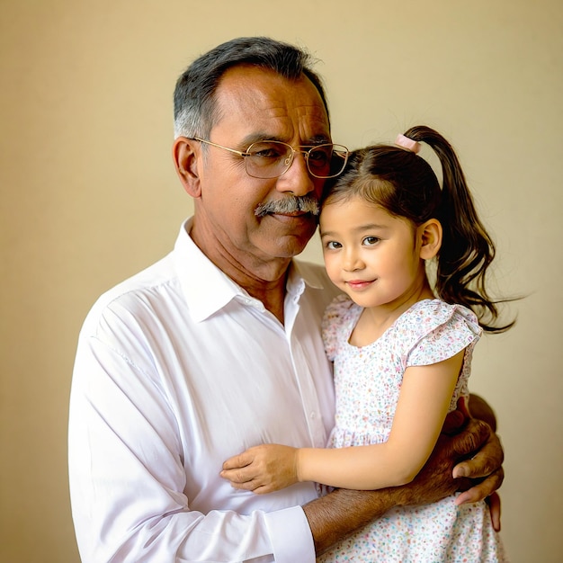 a man and a girl are hugging each other and the girl is wearing a dress