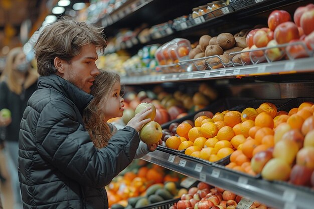 Photo a man and a girl are looking at fruit in a supermarket