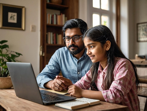 a man and a girl are looking at a laptop