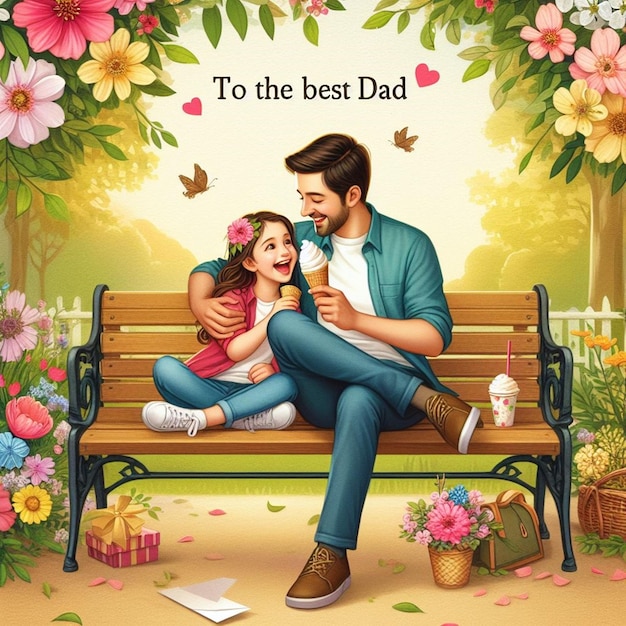 a man and a girl are sitting on a bench and the words  to the best dad