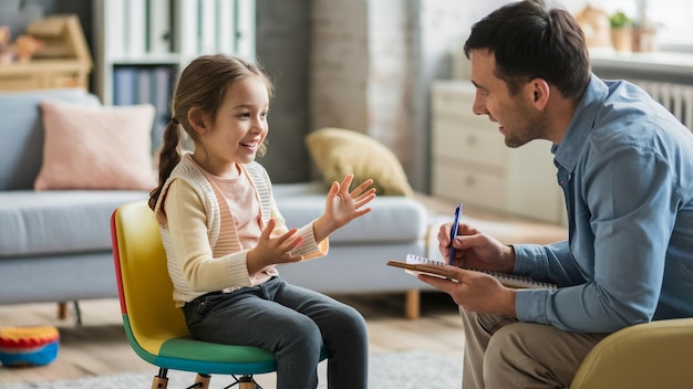 a man and a girl are sitting in a chair and they are talking