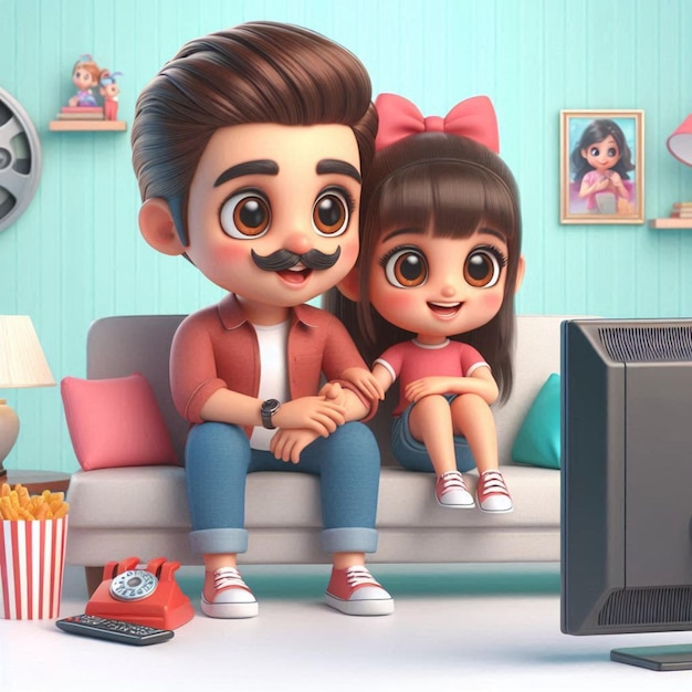 a man and a girl are sitting on a couch with a tv in front of them