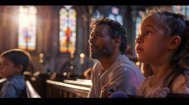 Photo a man and a girl are sitting in front of a stained glass window