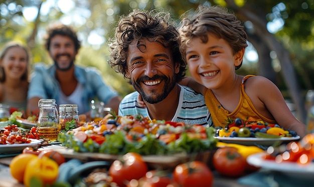 a man and a girl are sitting at a table with food