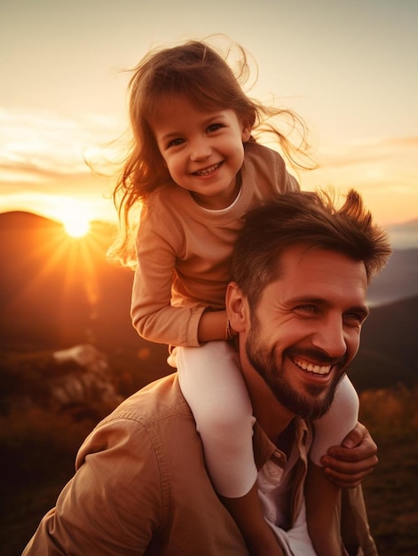 a man and a girl are smiling at the camera and the sun is behind them