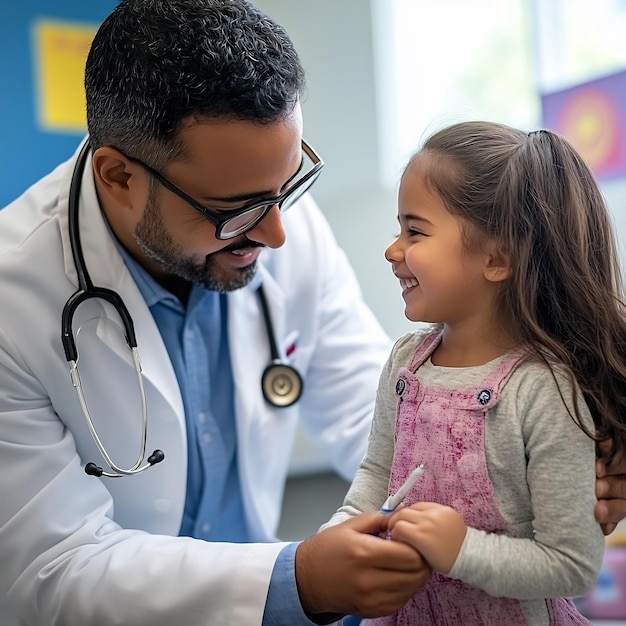 a man and a girl are smiling at a doctor