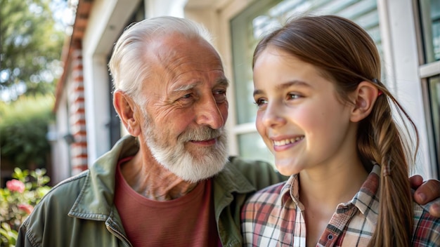 Photo a man and a girl are smiling at each other