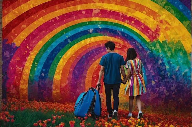 a man and a girl are walking through a rainbow colored background