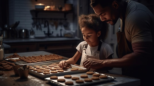 A man and a girl baking cookies in a kitchen