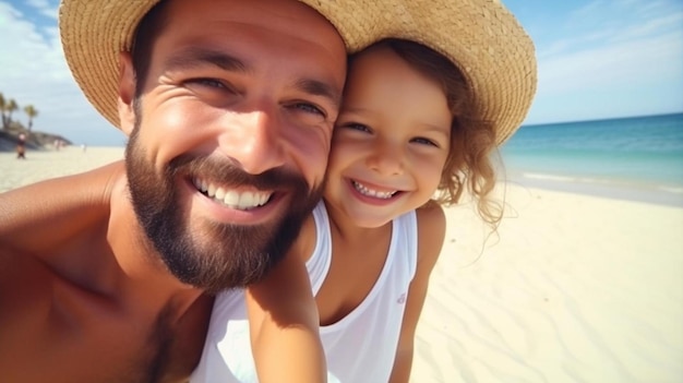 a man and a girl on the beach with a hat that says  happy