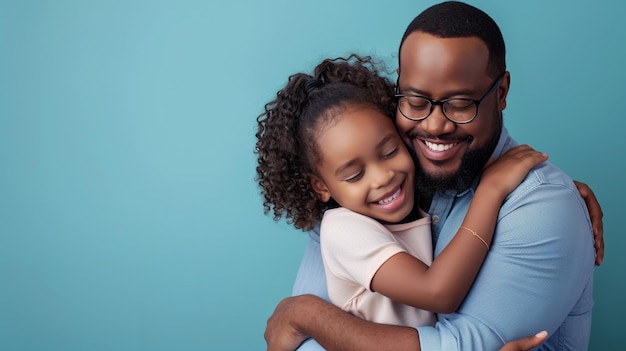 a man and a girl hugging each other both wearing glasses