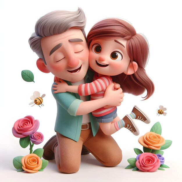 a man and a girl hugging each other with flowers and butterflies