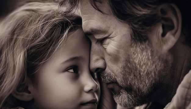 A man and a girl looking at each other with a black and white photo of a man and a girl looking at each other.