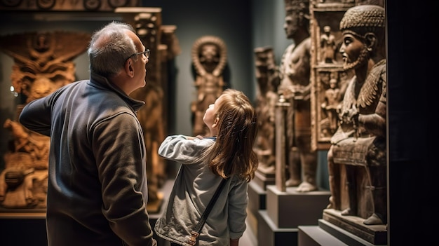 A man and a girl looking at sculptures in a museum