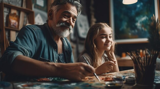 A man and a girl painting with a picture of a man and a woman.