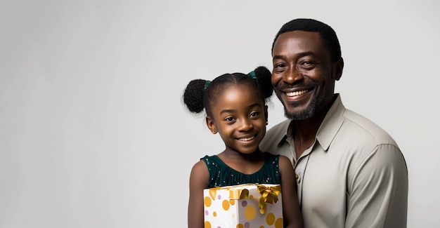 A man and a girl pose for a photo with a gift wrapped in a box.