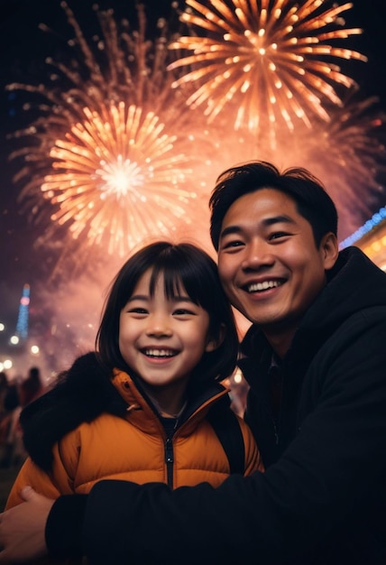 a man and a girl pose for a picture with fireworks behind them