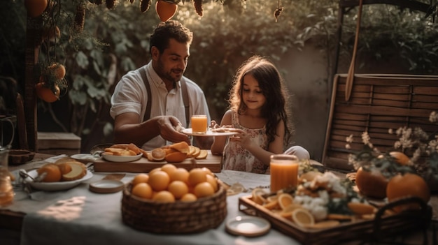 A man and a girl sit at a table with a plate of food and a basket of oranges.