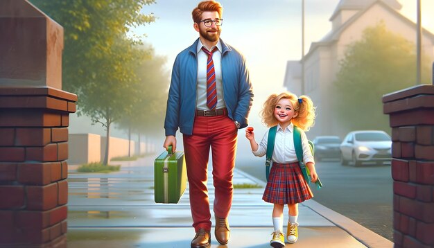 A man and girl walk to school hes in a blue jacket and red pants shes in a plaid skirt and backp