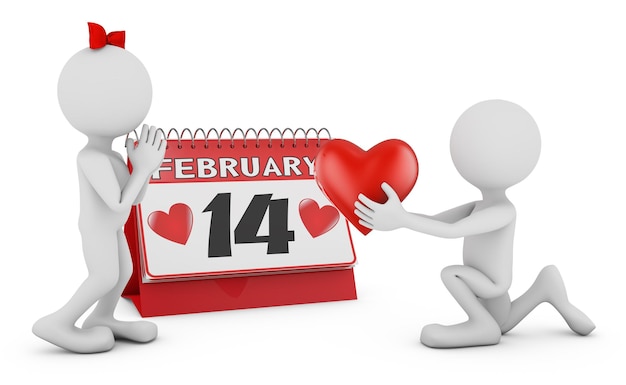 Man gives a heart on the background of the desk calendar with the date February 14