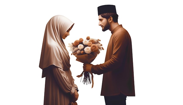 man giving flowers to woman wearing hijab on white background