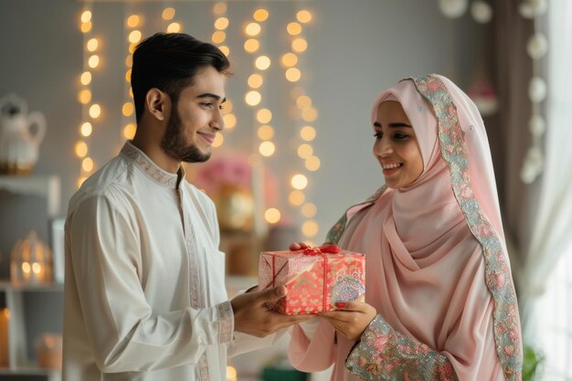 Photo man giving gift to woman wearing a hijab during festive celebration