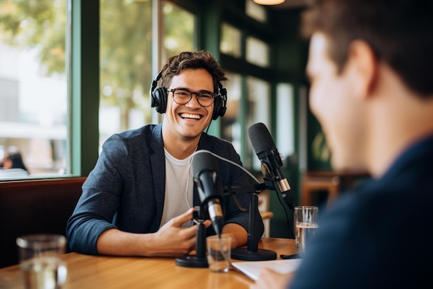 Photo a man giving an interview on a podcast