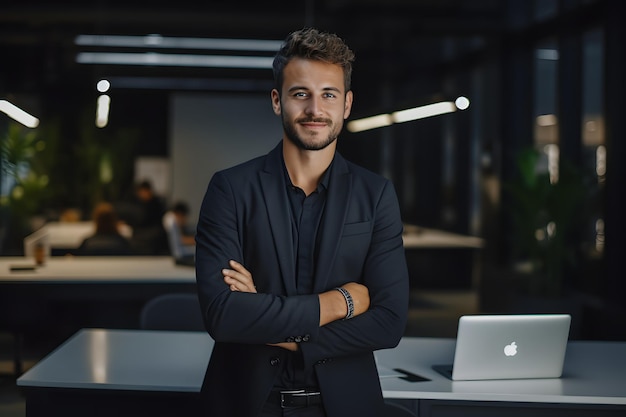 A man giving pose on camera in office with laptop ai generated