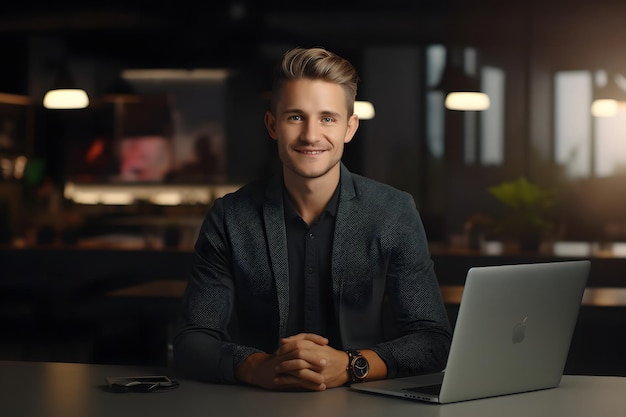 A man giving pose on camera in office with laptop ai generated