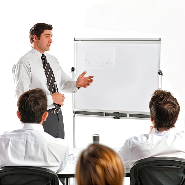 A man giving a presentation to colleagues in a boardroom isolated on white background