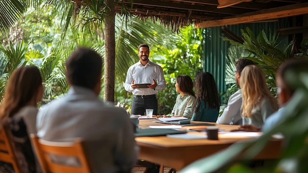 Photo a man giving a presentation to a group of people at a table in a tropical setting