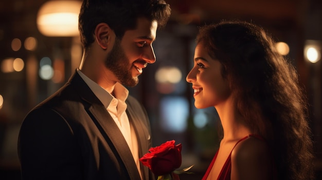 A man giving a rose to his girlfriend on Valentine39s Day