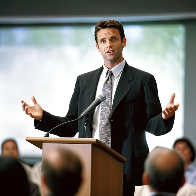 Photo a man giving a speech at a conference with a microphone