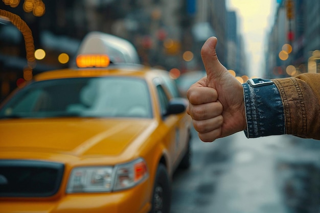 Photo man giving thumbs up while hailing a taxi on city street