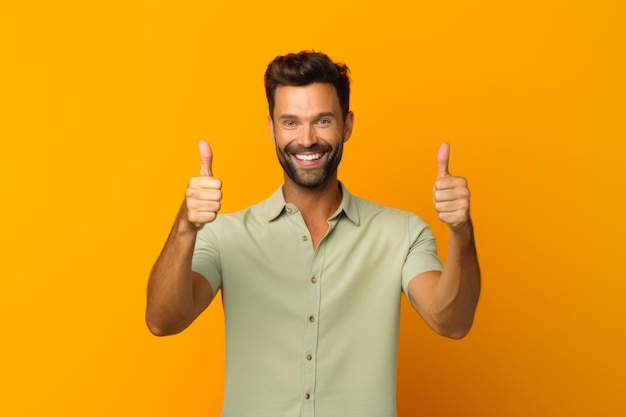 Man giving thumbs up while standing in front of yellow background Generative AI