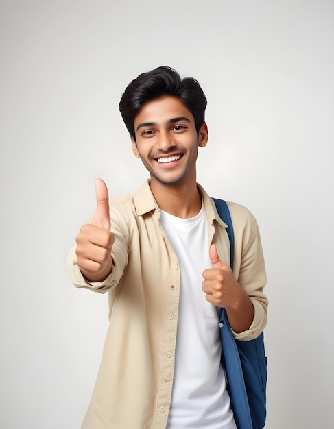 a man giving a thumbs up with a blue bag